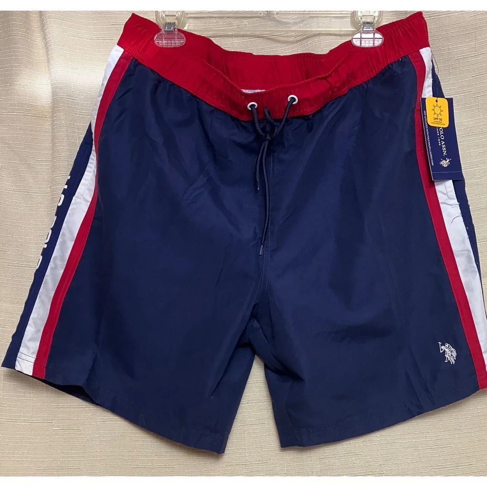 U.S. Polo Assn Swim Trunks Mens XL Navy Blue New Side Stripe UPF 50 Shorts